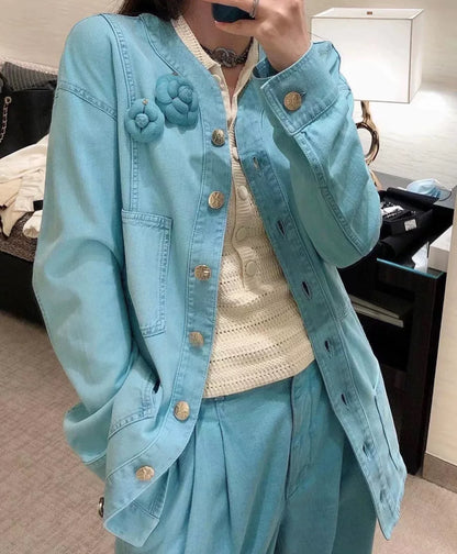 Chanel 21S Turquoise Blue Denim Camellia BroochJacket