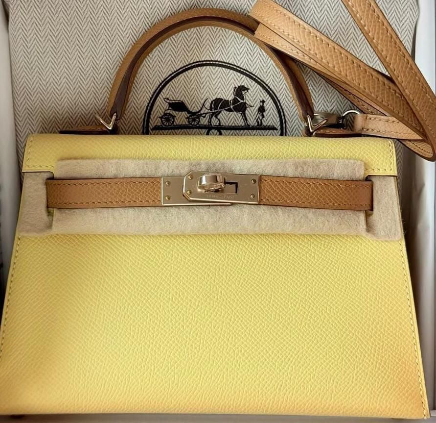 Hermes Mini Kelly 20 Jaune Poussin / Biscuit Epsom Permabrass hardware