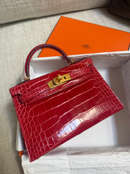 Hermes Mini Kelly 20 Sellier Braise Shiny Alligator Leather Gold Hardware