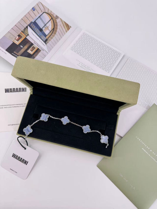 Van Cleef & Arpels Vintage Alhambra 5-Motif Bracelet Chalcedony (Purple Chalcedony) with 18K White Gold Hardware