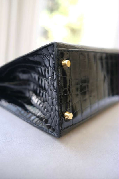Hermes Kelly 28 Black Shiny Crocodile Leather Gold Hardware