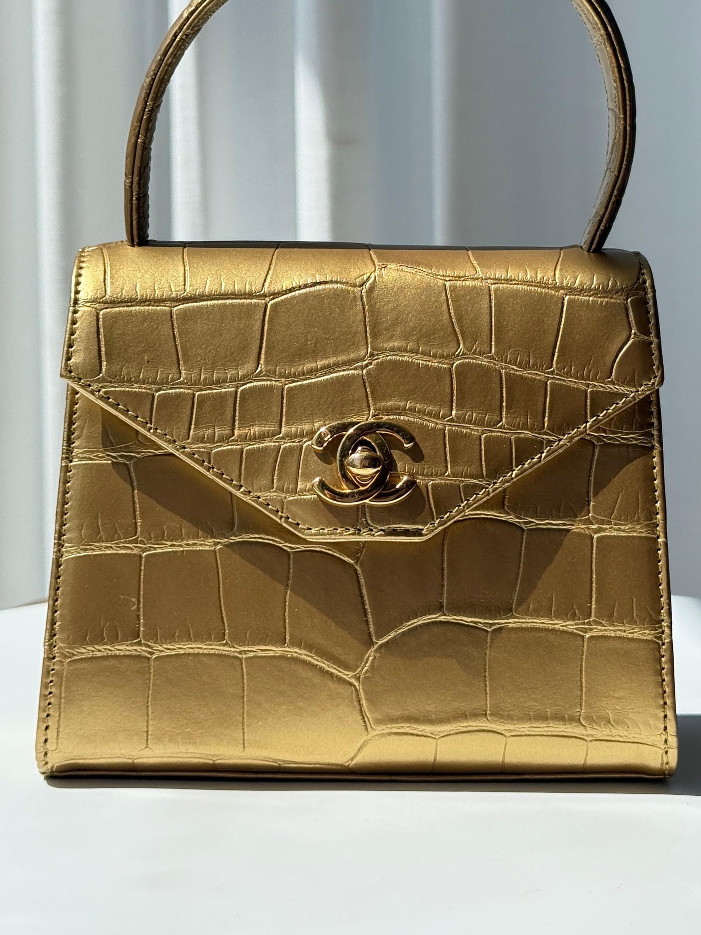 Chanel 1997 Gold Crocodile leather Mini kelly handbag