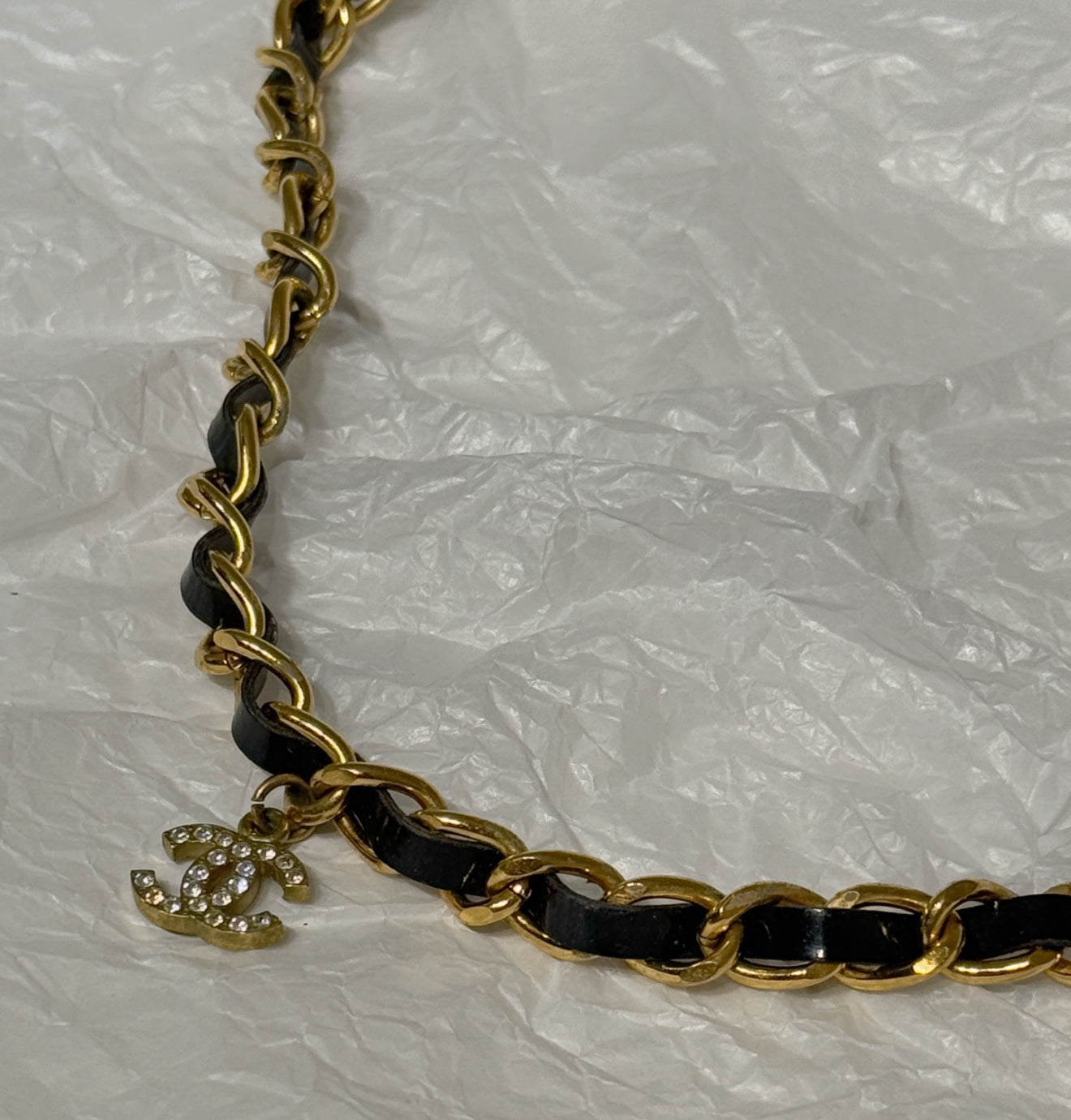 Chanel 95A Leather Chain Double C Diamond Necklace