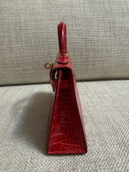 Hermes Mini Kelly 20 Sellier Braise Shiny Alligator Leather Gold Hardware