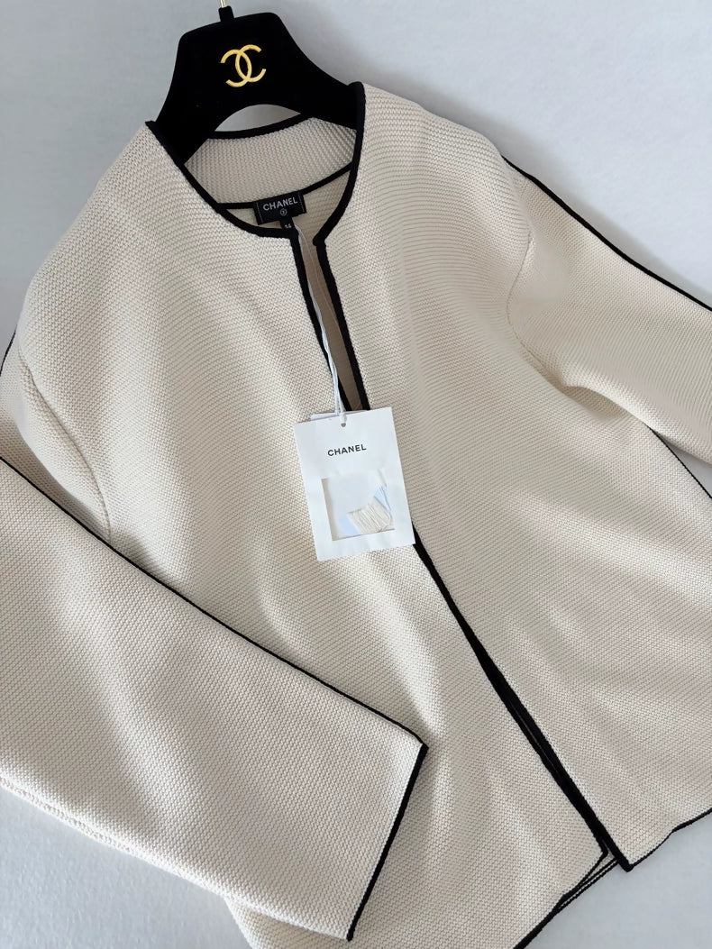 Chanel 26S off-white knit cardigan with black trim