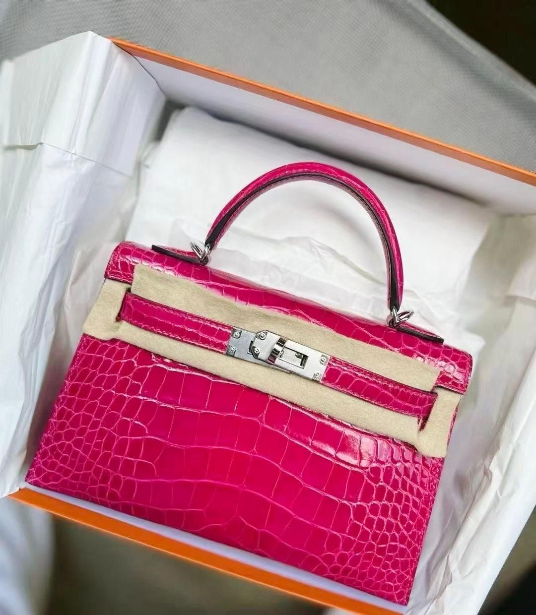 Hermes Mini Kelly 20 Rose Mexico Shiny Alligator Palladium hardware