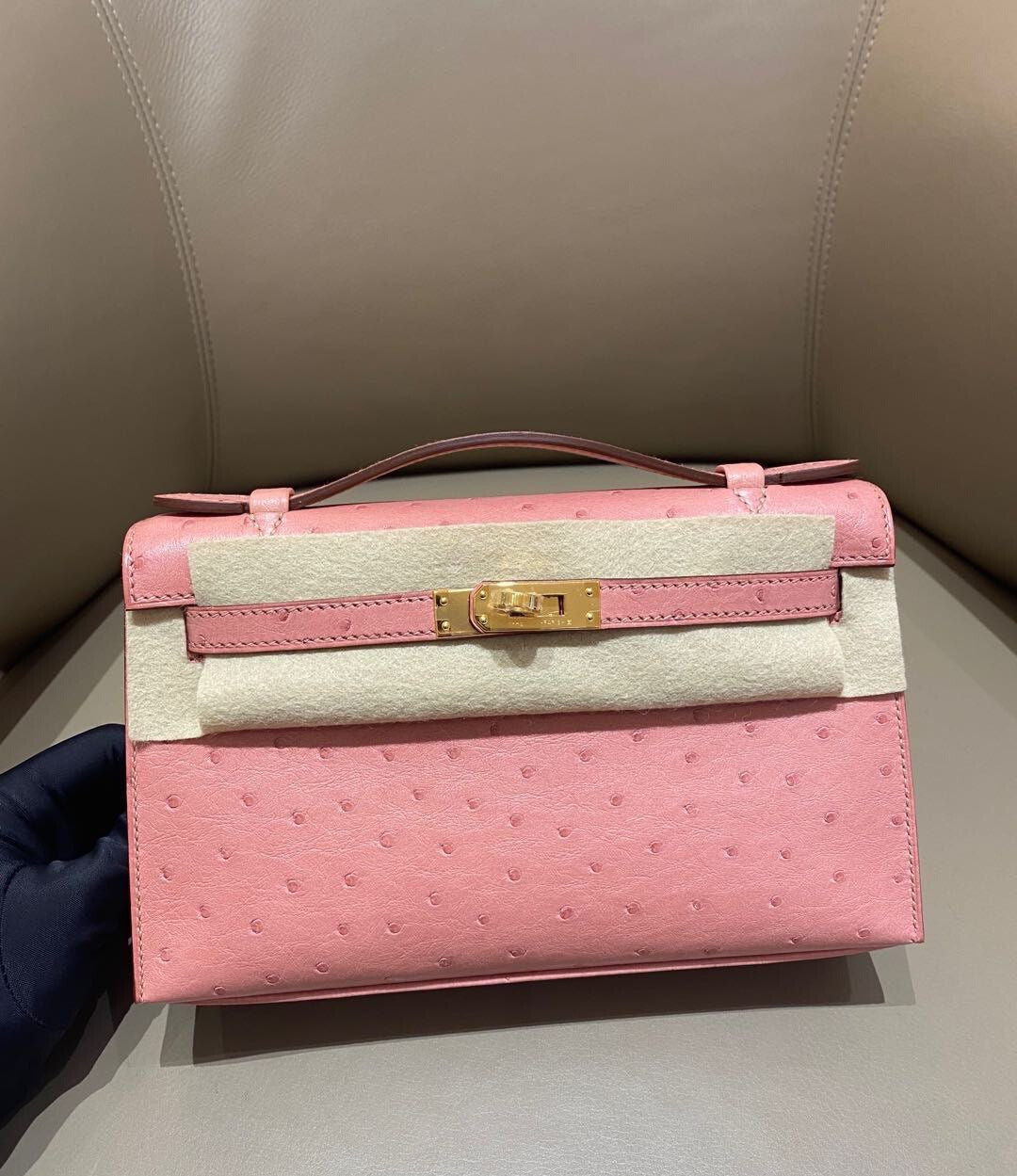 Hermes Kelly Pochette Terre Cuite Ostrich Leather Gold Hardware