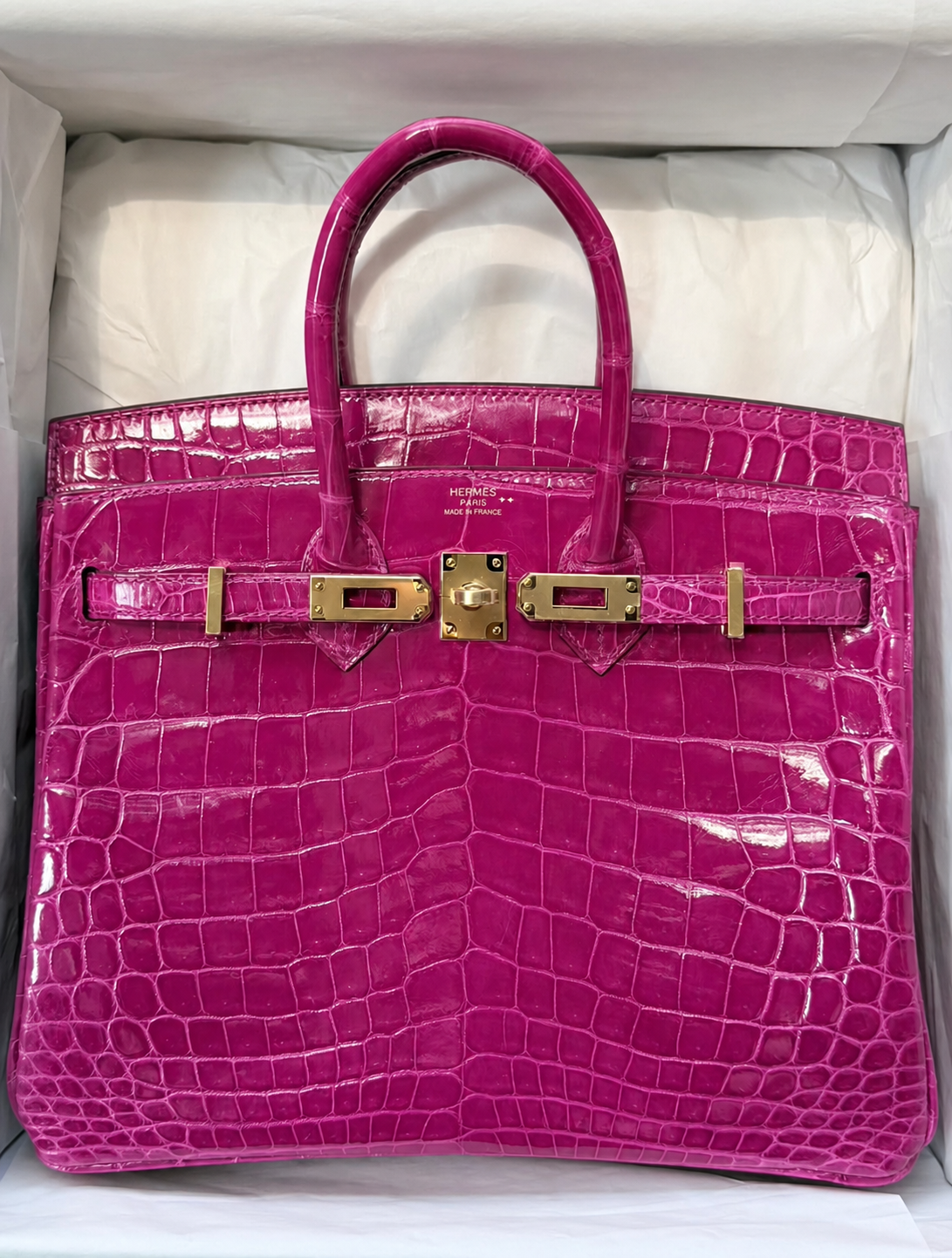 Hermes Birkin 25 Rose Shehrazade shiny alligator gold hardware