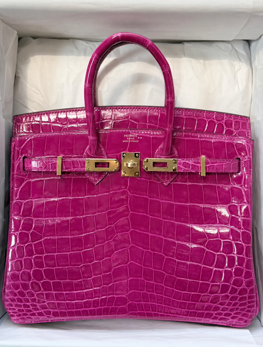 Hermes Birkin 25 Rose Shehrazade shiny alligator gold hardware