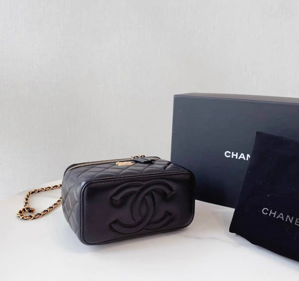 Chanel Mini Vanity Top Handle Case Black Lambskin Brushed Gold Hardware