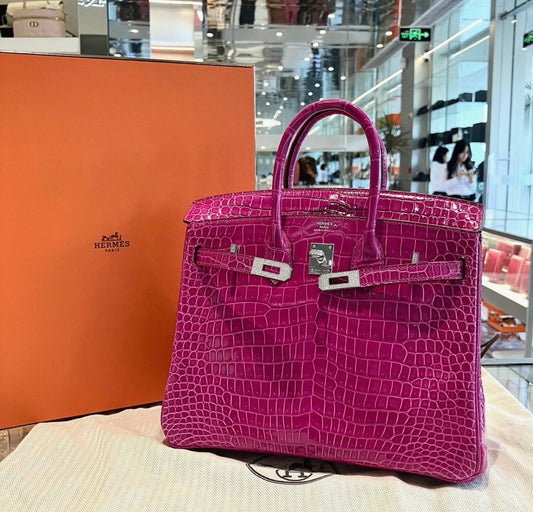 Hermes Birkin 25 fuchsia 5J shiny crocodile leather 18k white gold with diamonds hardware