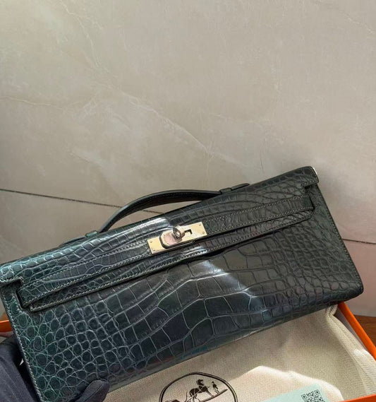 Hermes Kelly cut Vert Fonce Matte Alligator Palladium hardware