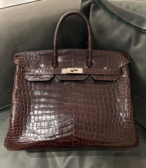 Hermes Birkin 35 Havane Shiny Porosus crocodile leather Palladium hardware