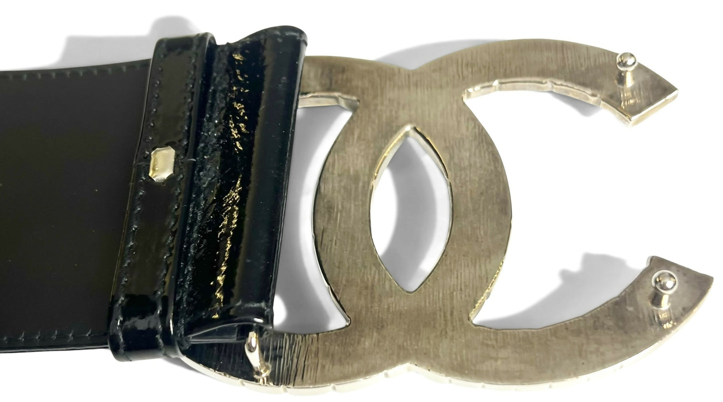 Chanel 07P Black Patent Silver Oversized CC Croc Embossed Logo Wide Belt Size 90/36