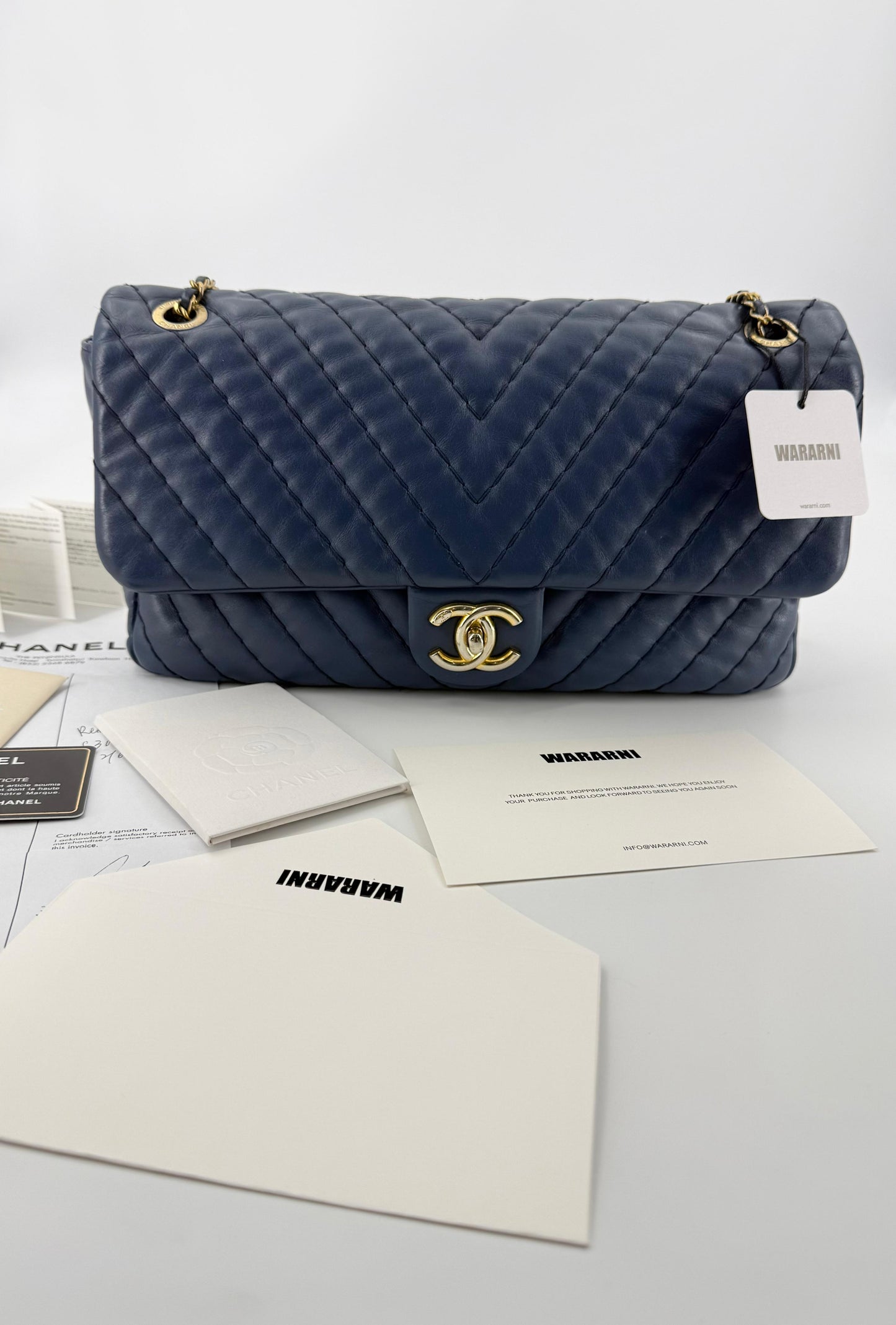 Chanel blue leather flap bag gold hardware