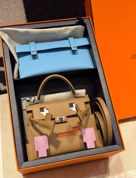 HERMÈS PICTO KELLY DOLL QUELLE IDOLE CHAI, MAUVE SYLVESTRE, BLEU CELESTE AND TERRE BATTUE EPSOM PALLADIUM HARDWARE