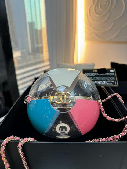 Rare Chanel 2019 Runway White Blue Pink Clear Round Beach Ball Evening Shoulder Bag very good condition full set with original box