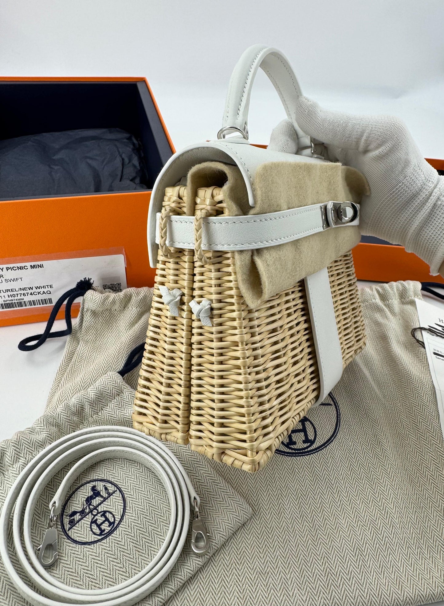 Hermès Mini Kelly 20 “Picnic” White Swift Leather & Palladium Hardware