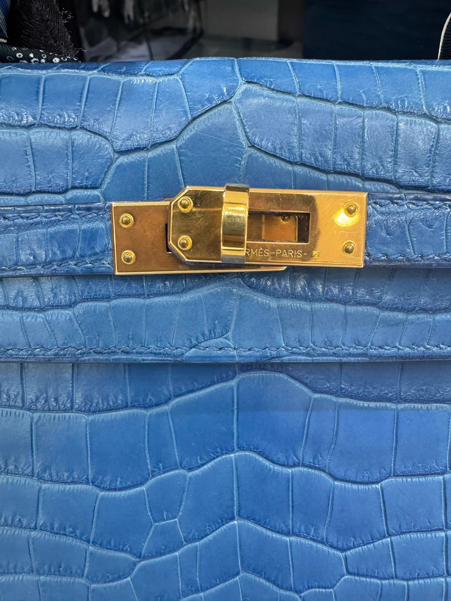 Hermes Kelly 25 Bleu Mykonos Matte Crocodile Leather Gold Hardware