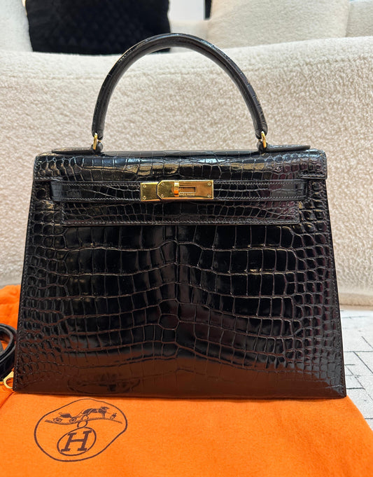 Hermès Kelly Sellier 28 Black Shiny Alligator Gold Hardware