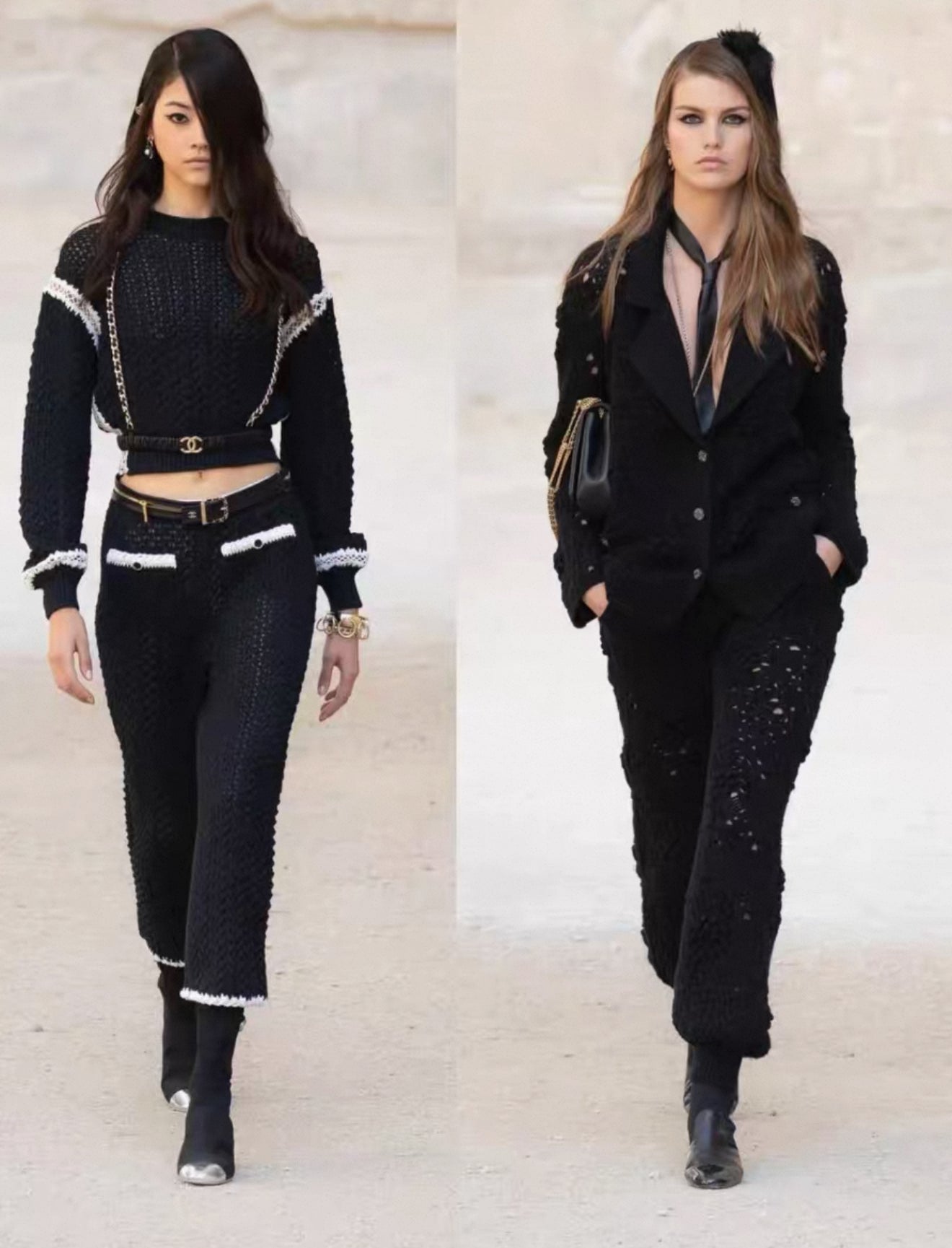 Chanel black camellia knit trousers