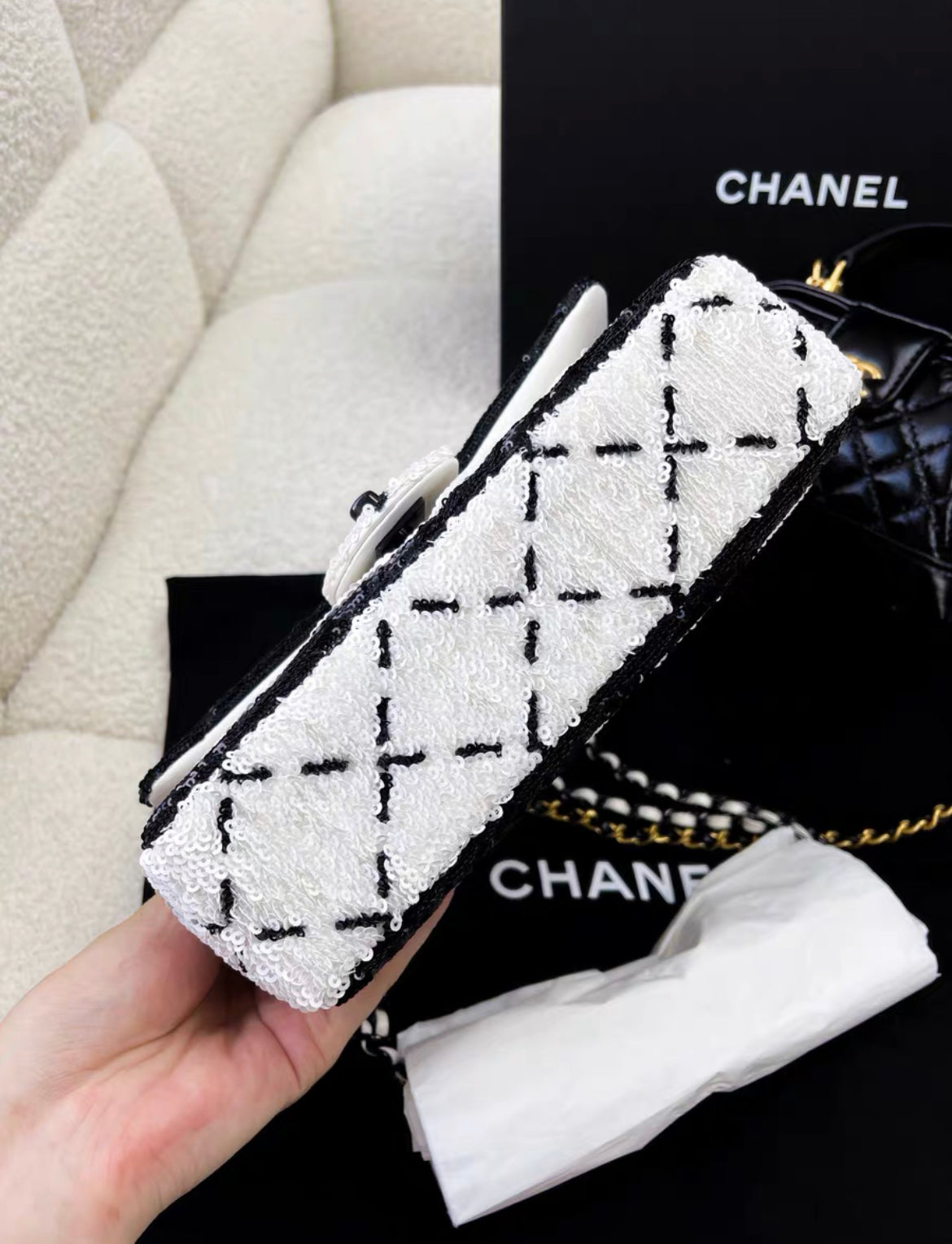 Chanel 24P Large Flap Bag Sequins & Black Metal, White & Black