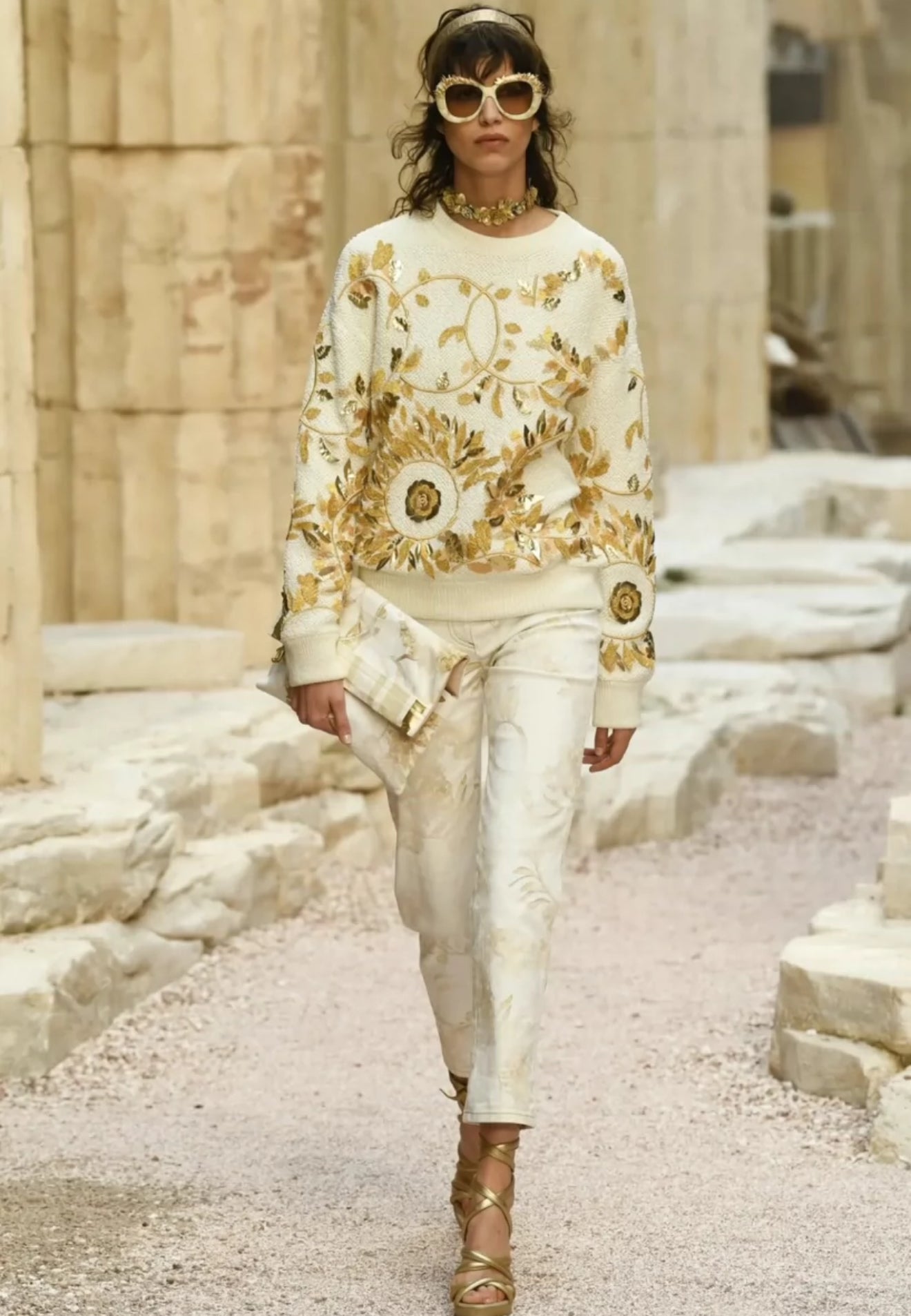 Chanel 18C Greek series white washed distressed printed jeans