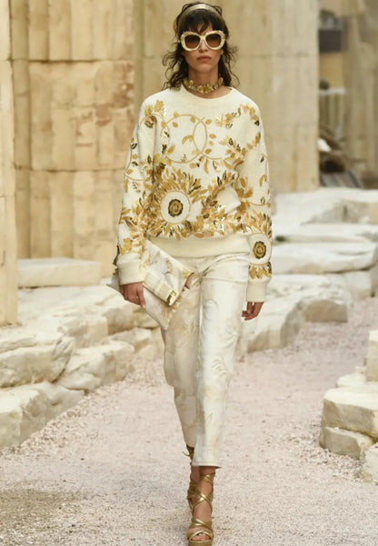 Chanel 18C Greek series white washed distressed printed jeans