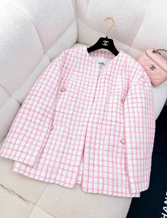 CHANEL CHANEL SIZE 36 22S TWEED JACKET COTTON/ACRYLIC LIGHT PINK/WHITE - 36 Jacket - Used fashion item from Wararni