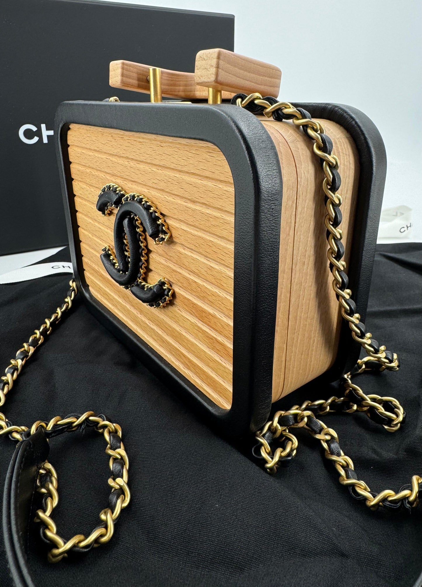 Chanel 2022 Beech Wood and Black Lambskin CC Vanity Case Brushed Gold Hardware