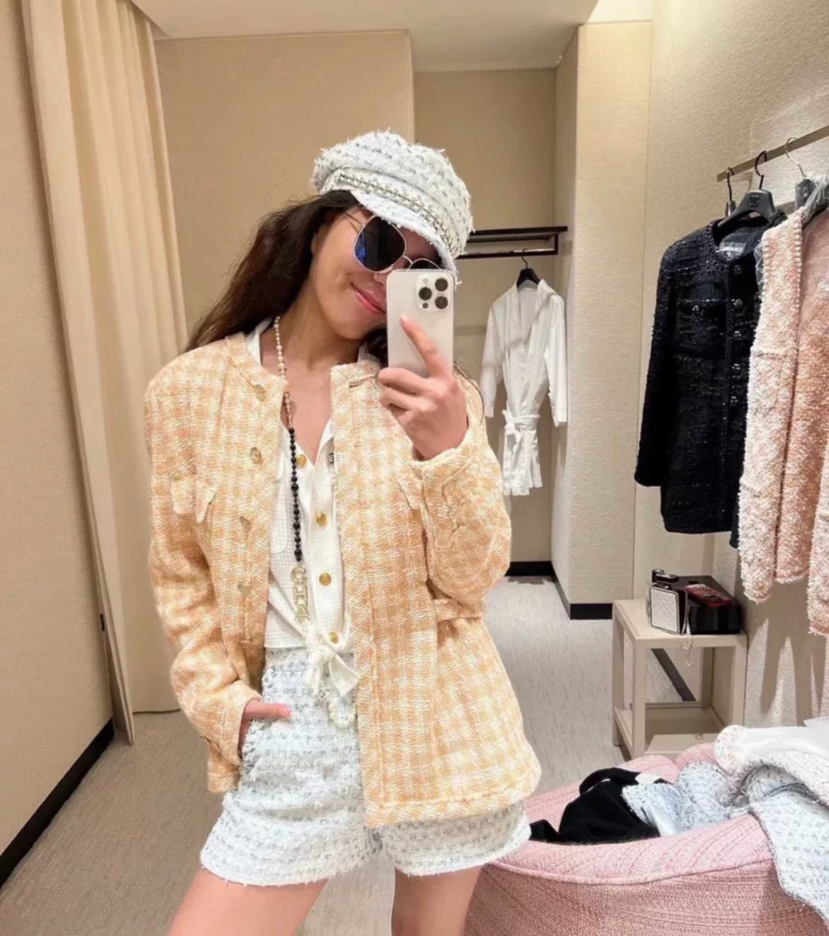 chanel 23s houndstooth light orange plaid jacket size 34 – Wararni.com