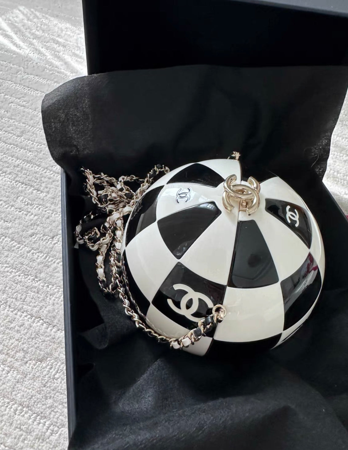 Chanel 2023 Black and White Resin and Enamel Checker Sphere Minaudiere Pale Gold Hardware