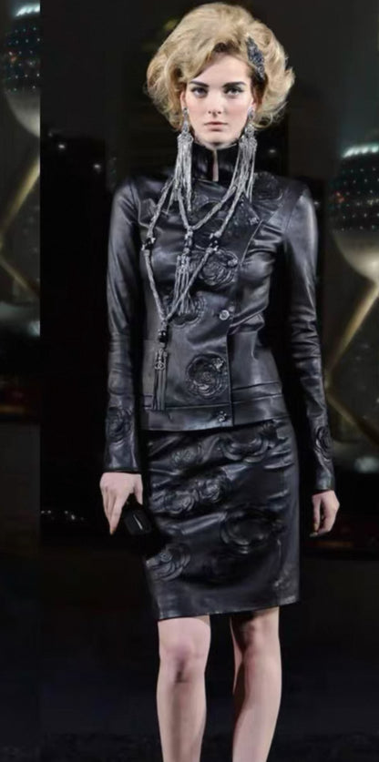 Chanel 10A black Camelia Lambskin  Leather jacket