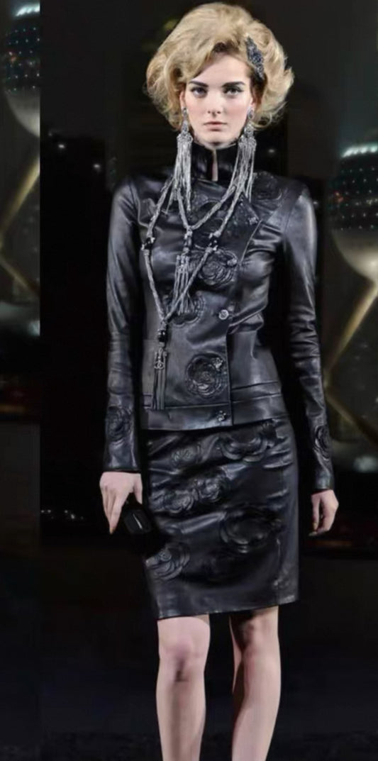 Chanel 10A black Camelia Lambskin  Leather jacket