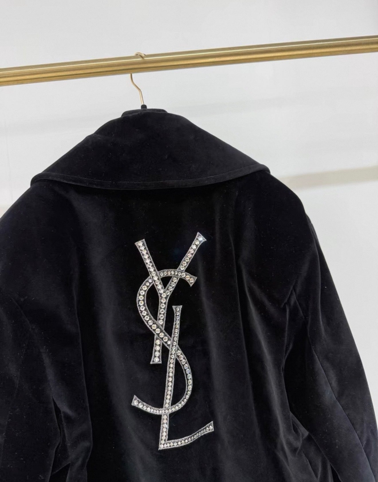 Saint Laurent rhinestone logo black velvet coat