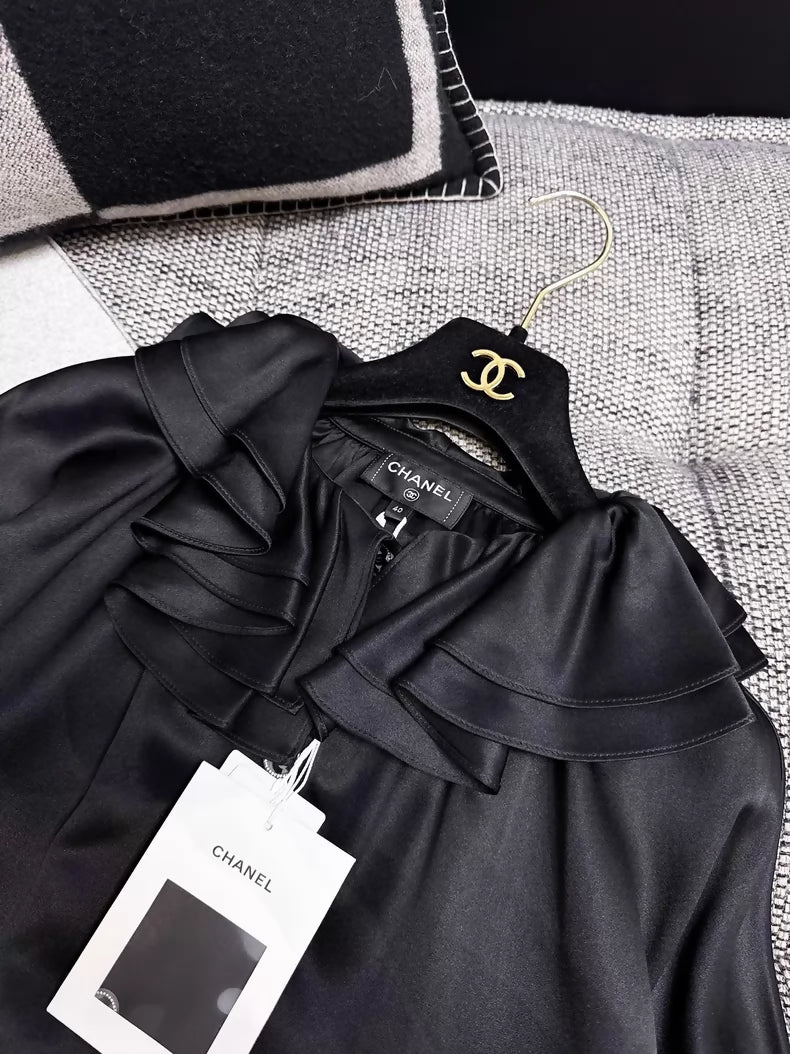 Chanel 23c black ruffled satin silk shirt