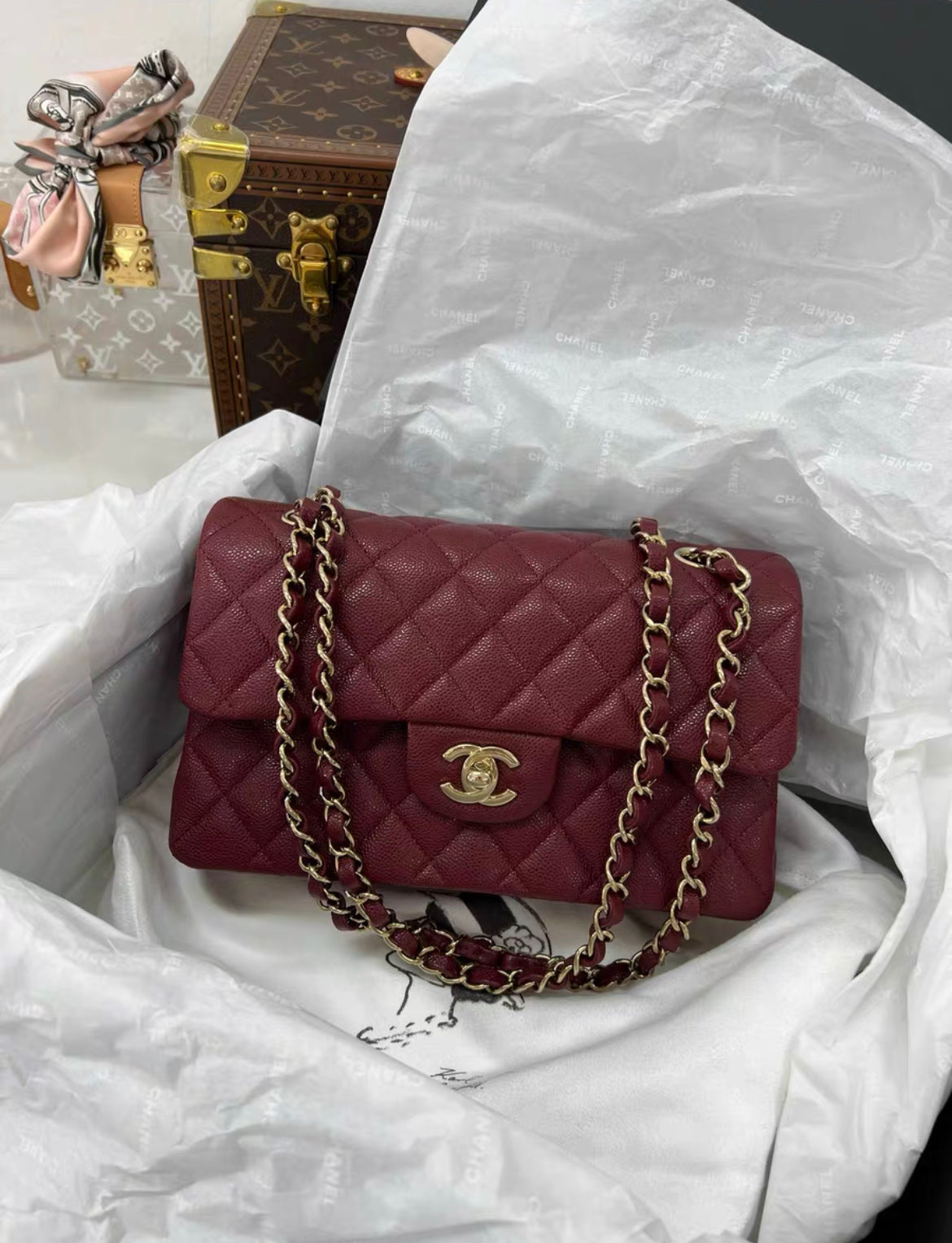 Chanel 23 Red Wine Burgundy Caviar Leather Medium Classic Flap