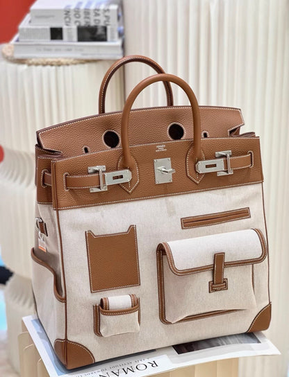 Hermes Birkin HAC 40 Cargo in canvas gold-brown leather palladium hardware