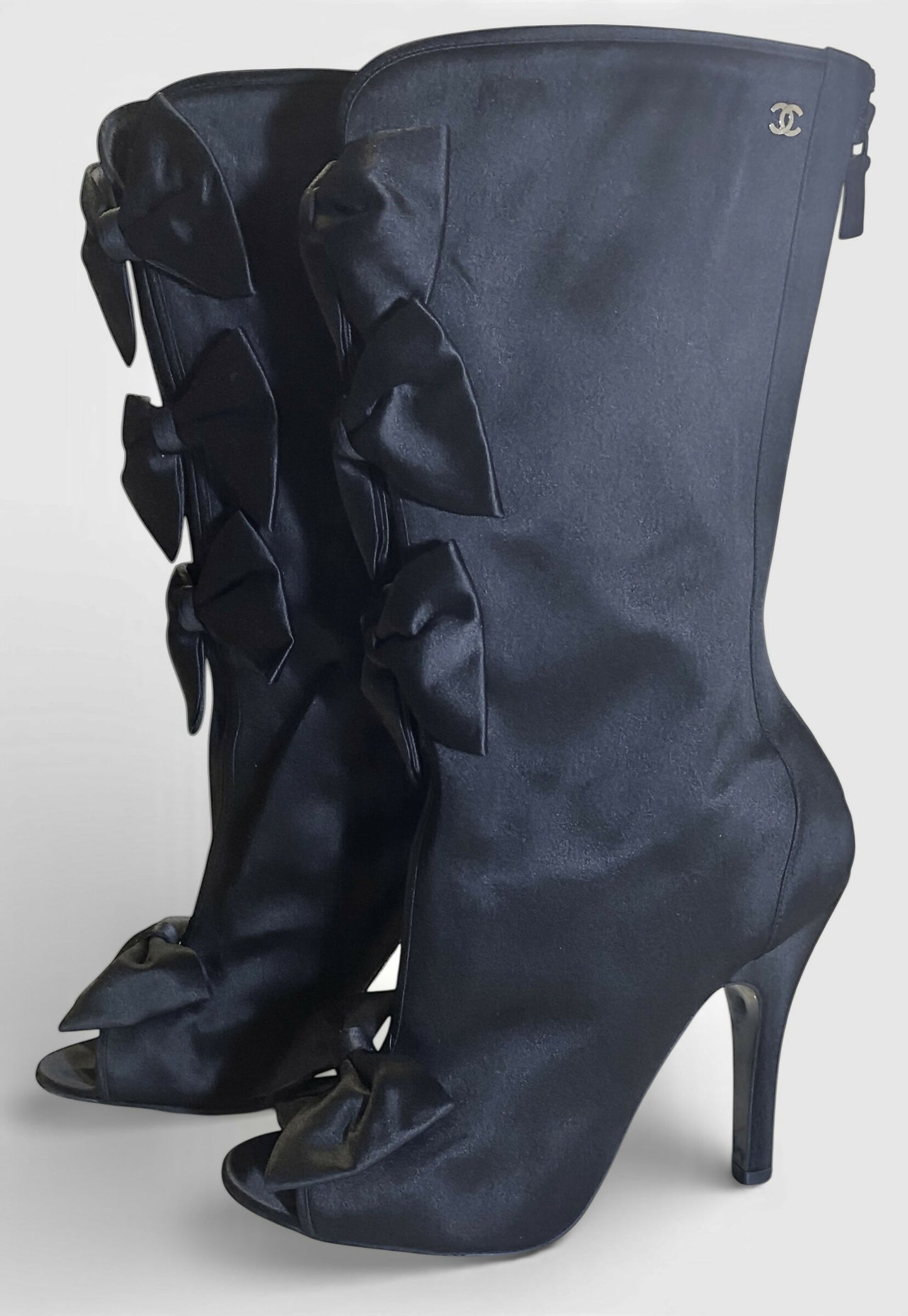 Rare Chanel 09P Black Satin CC Bow Mid Calf Peep Toe Booties Ankle Boot Heels FR 38