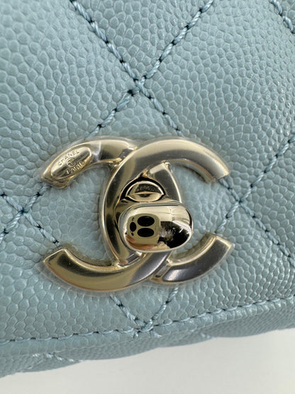Chanel baby blue grained leather mini coco handle with light gold hardware