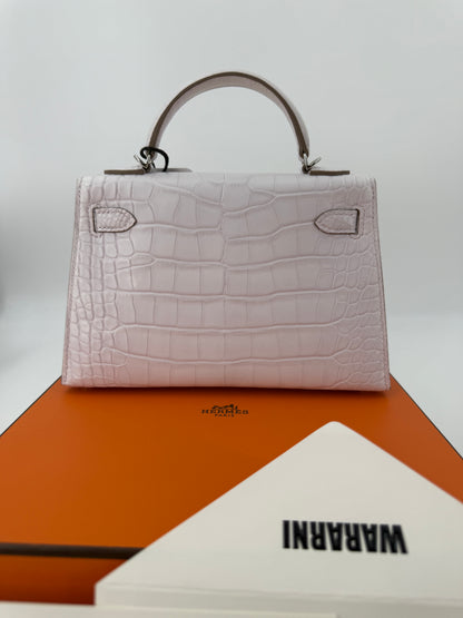 Hermes Mini Kelly 20 mauve pale matte alligator leather palladium hardware