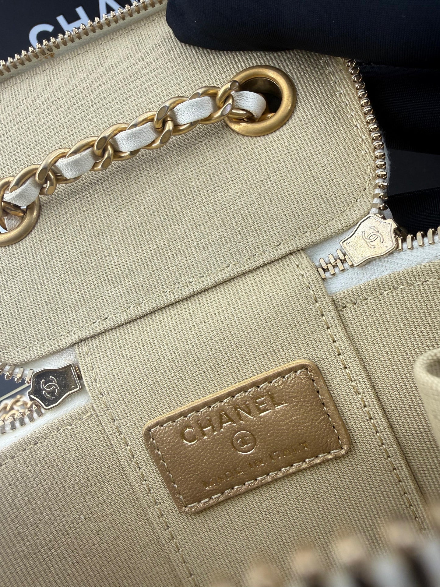Chanel ecru mini vanity case gold chain hardware