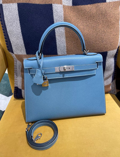 Hermes Kelly 28 Blue Denim Epsom Leather Palladium Hardware