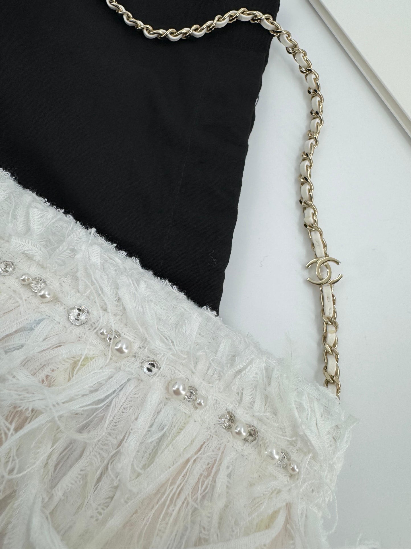 Chanel 25S Embroidered Tweed, Feathers, Imitation Pearls & Gold-Tone Metal Clutch in White