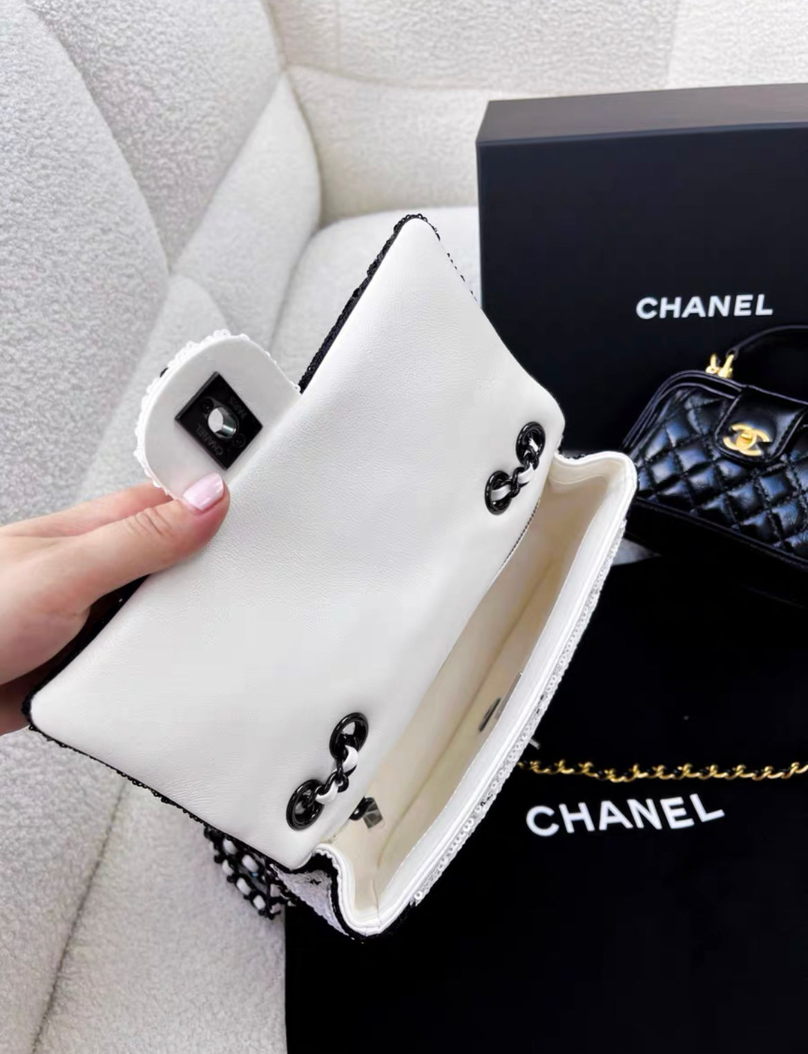 Chanel 24P Large Flap Bag Sequins & Black Metal, White & Black