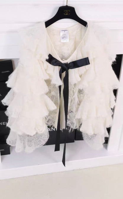 Chanel 2009 Paris-Moscow White Wool Black Bow Cardigan