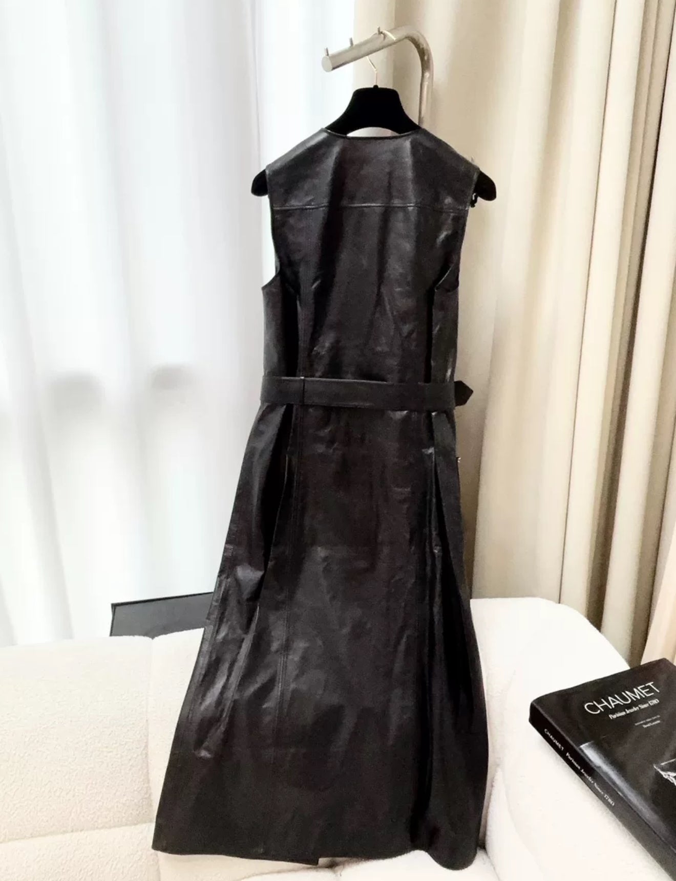 Chanel 23B Long Four-Pocket Leather Chain Jacket with Belt
