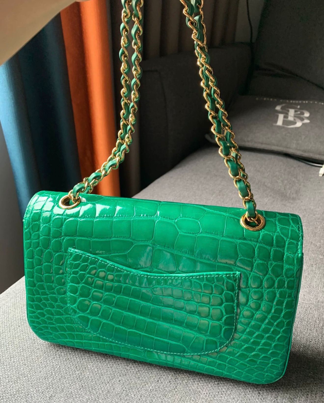 Chanel Green emerald alligator leather medium flap with gold hardware