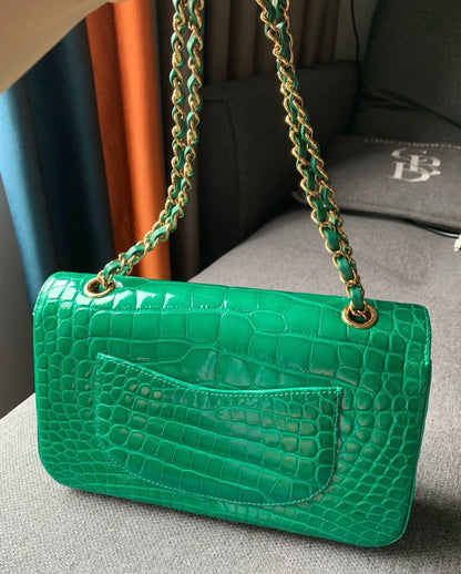 Chanel Green emerald alligator leather medium flap with gold hardware