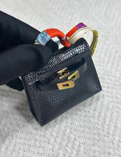 HERMES MICRO KELLY TWILLY BAG CHARM BLACK LIZARD GOLD HARDWARE